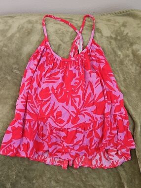 LOFT Red and Pink Tropical Print Tank, Size 14